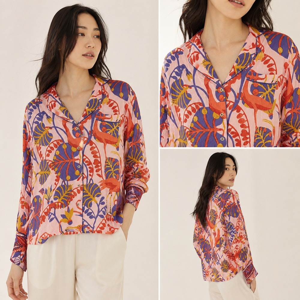 Anthropologie Claire Colin Modal Pajama Top S Pink Tropical Bird Button Down